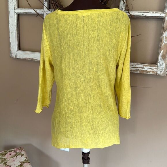 Eileen Fisher yellow linen three quarter sleeve blouse top large scoop neck mini - Picture 4 of 9